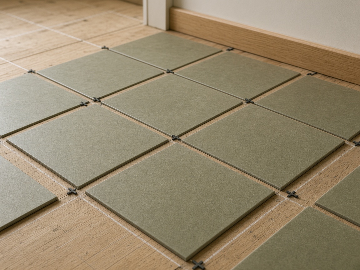 Olive ceramic tiles dry-laid with spacers and chalk guidelines