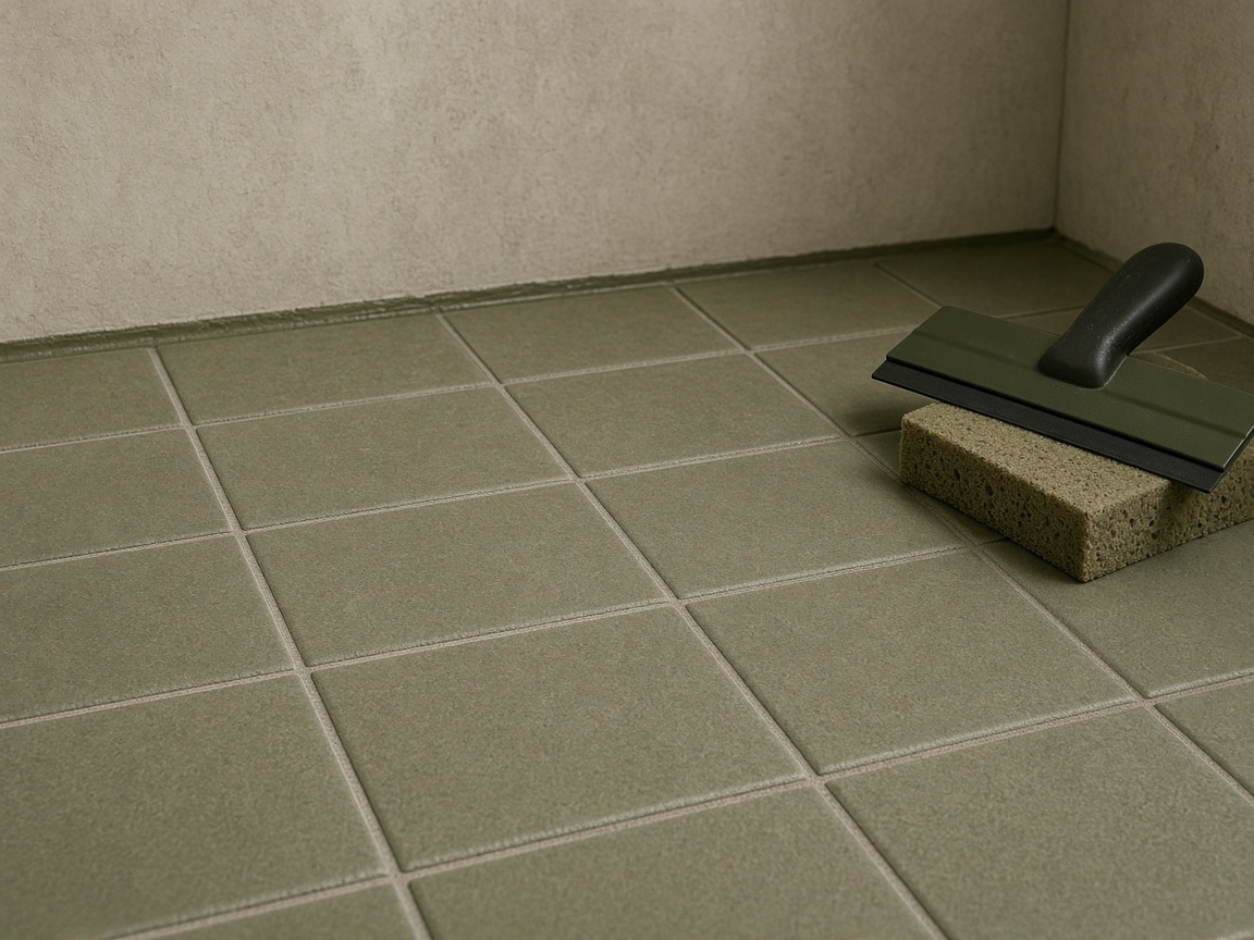 Ceramic floor tiles with grout float and sponge at a wall transition